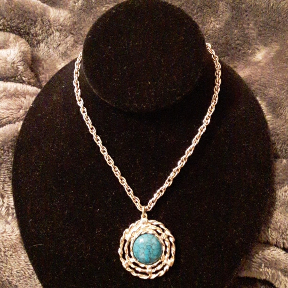 24 inch Silver tone Chain w/ Faux Turquoise Pendan
